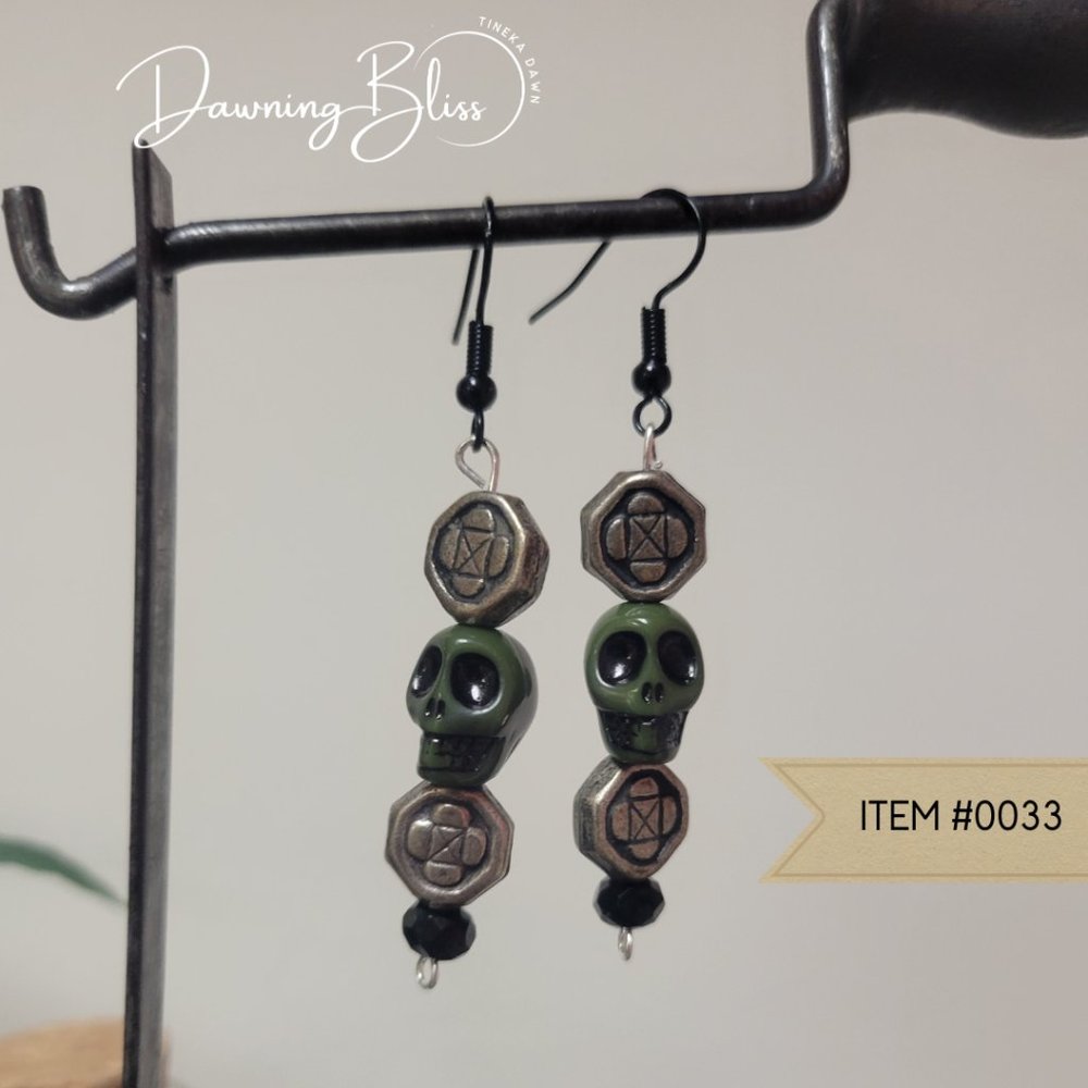 Skully Green Beaded Halloween Earrings, Dangle - by Tineka Dawn